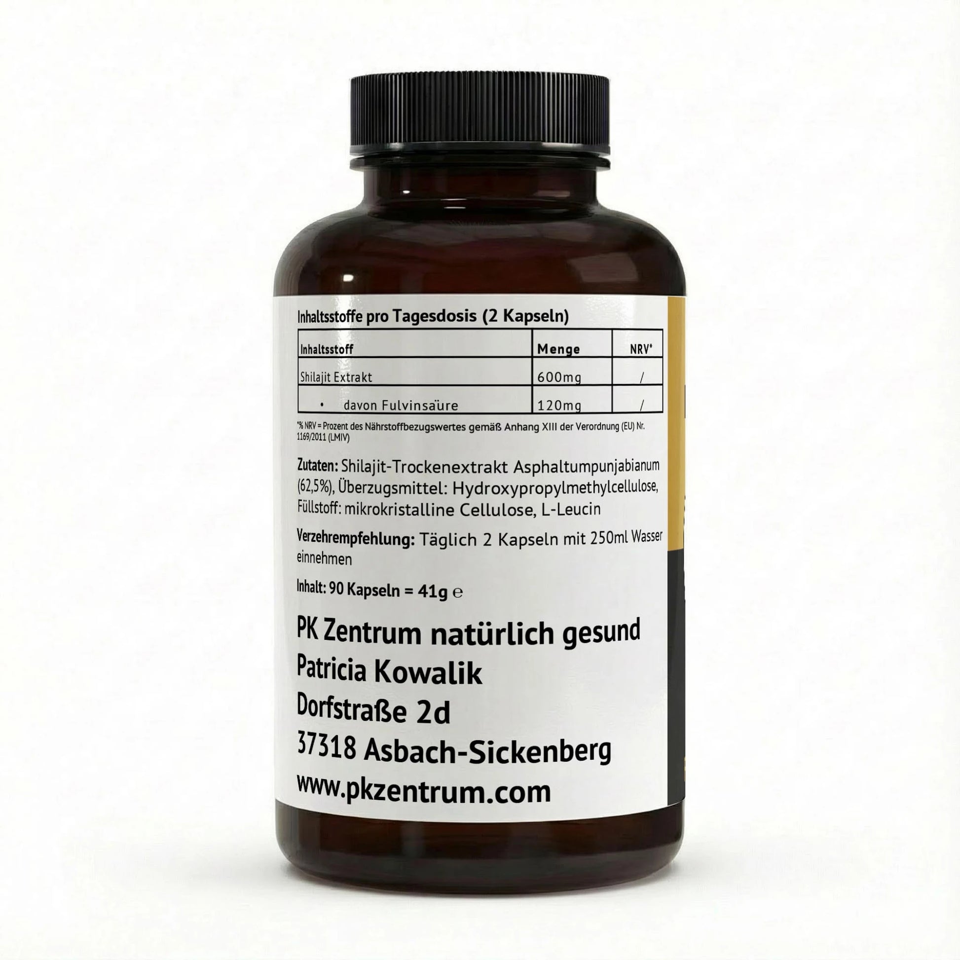 Rückansicht der braunen Glasdose mit Shilajit Kapseln. Das Etikett zeigt die detaillierte Nährwerttabelle (1000mg Tagesdosis, 20% Fulvinsäure), die Zutatenliste, die Verzehrempfehlung und die Kontaktadresse vom PK Zentrum natürlich gesund.