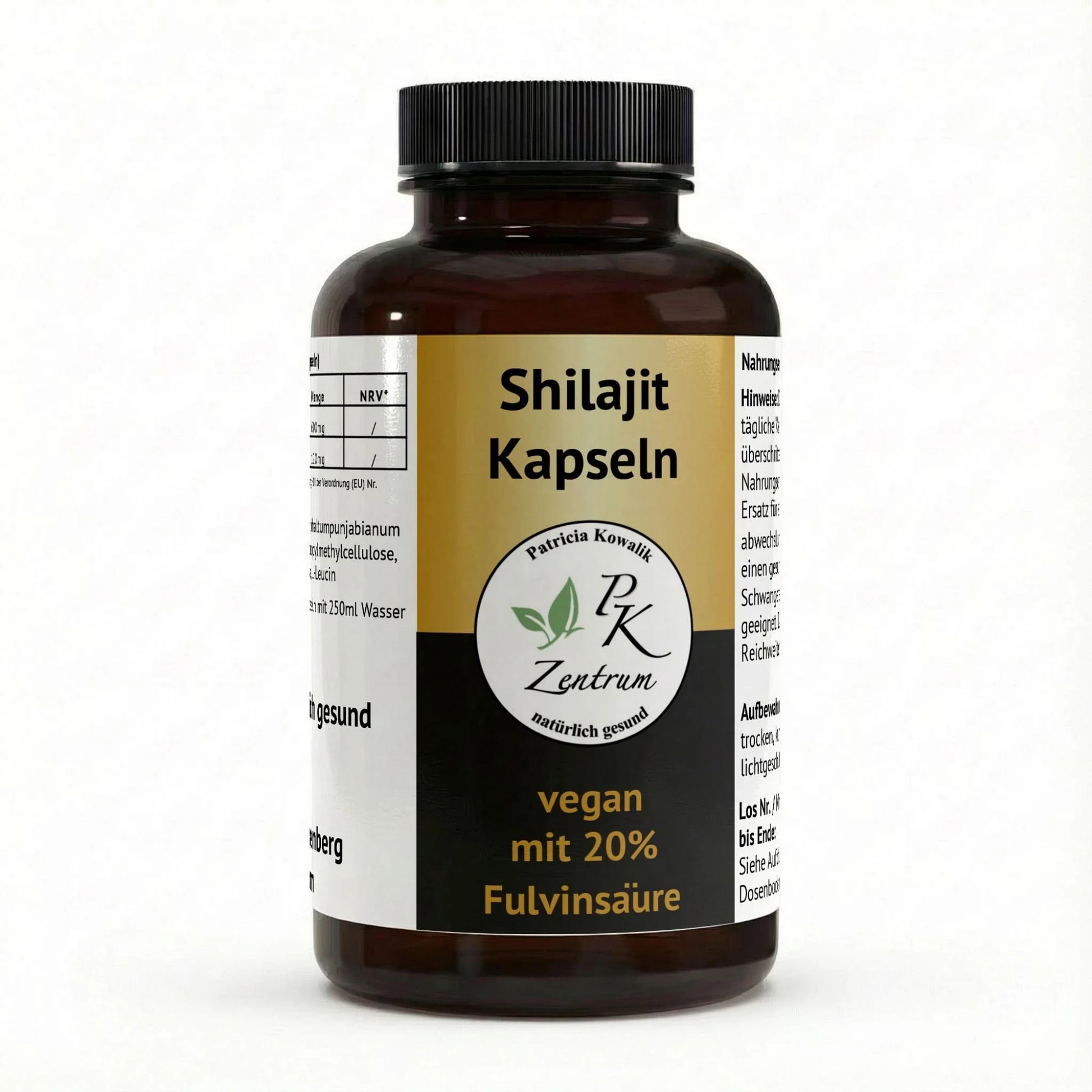Frontansicht der Shilajit Kapseln Dose in Braunglas mit schwarzem Deckel. Das gold-schwarze Etikett zeigt das Logo "PK Zentrum natürlich gesund", den Produktnamen "Shilajit Kapseln" und die Highlights: "vegan", "mit 20% Fulvinsäure".