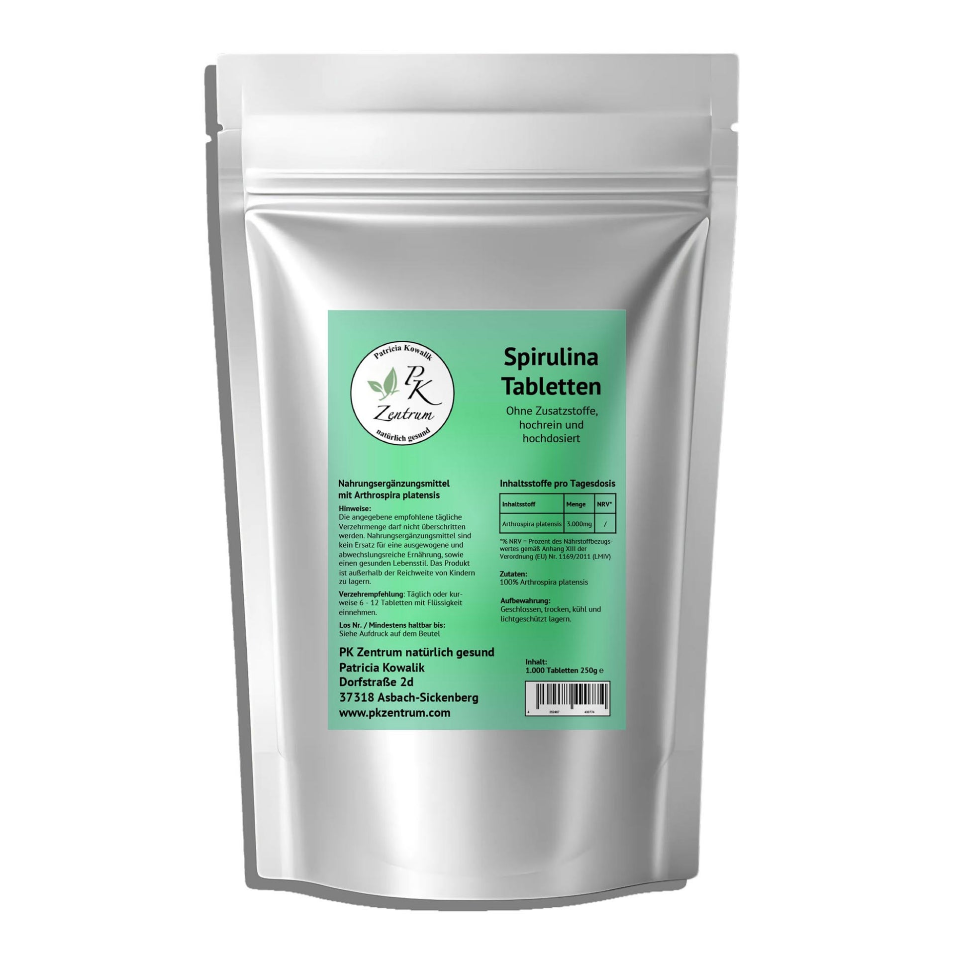 Packung PK Zentrum Spirulina Tabletten 100% Arthrospira platensis ohne Zusatzstoffe 1000 Tabletten 250g