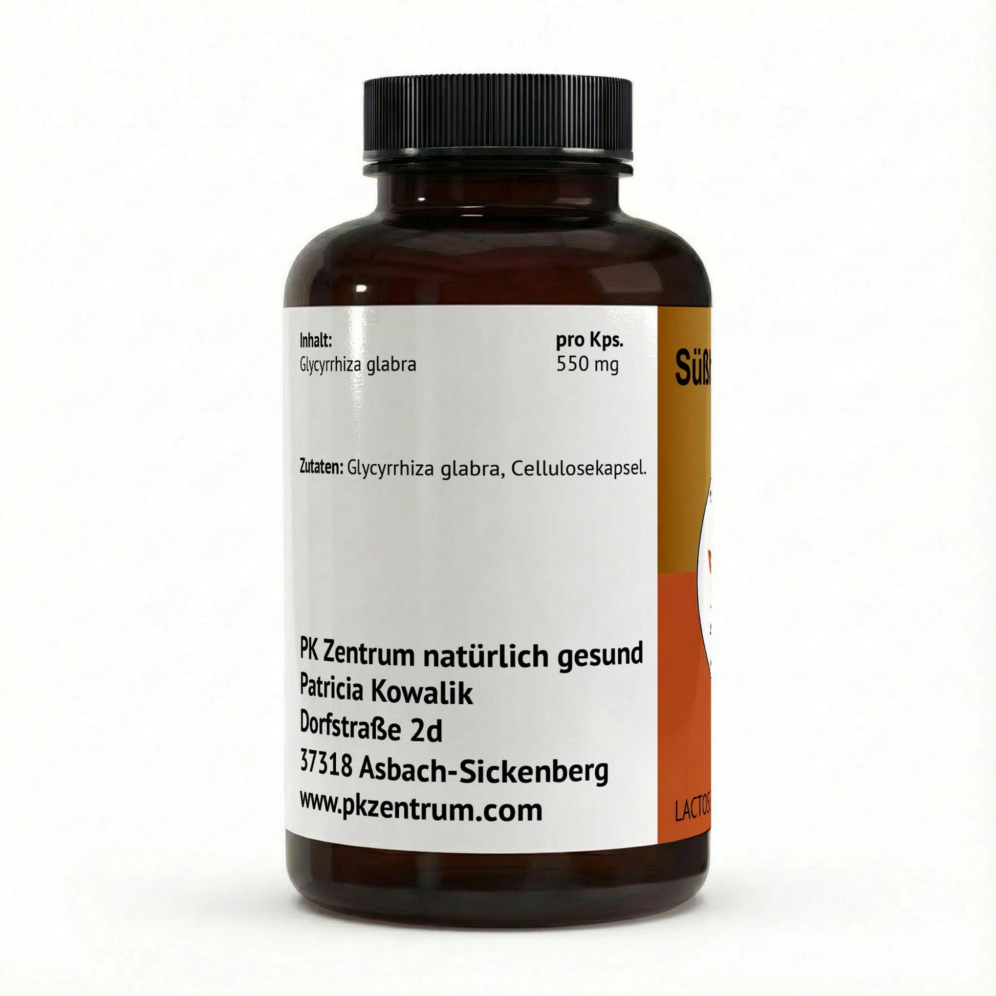 Rückseite der Dose Süßholzwurzel Kapseln mit details zu Inhaltsstoffen ( 550mg Glycyrrhiza glabra) und Angaben vom PK Zentrum natürlich gesund.