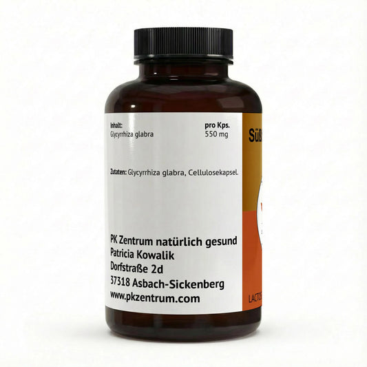 Rückseite der Dose Süßholzwurzel Kapseln mit details zu Inhaltsstoffen ( 550mg Glycyrrhiza glabra) und Angaben vom PK Zentrum natürlich gesund.