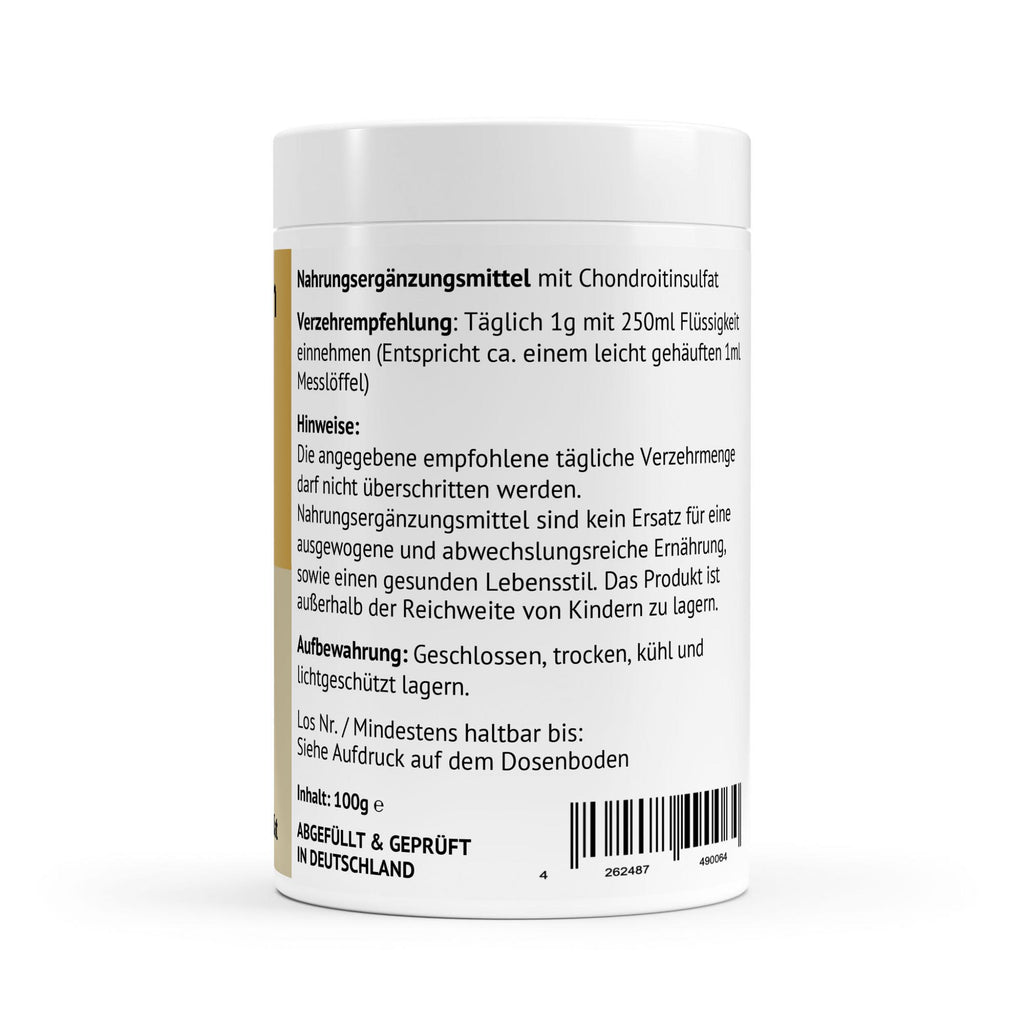 Rückansicht der Verpackung mit Verzehrempfehlung 1g täglich, Lagerungshinweisen und dem Siegel Abgefüllt & Geprüft in Deutschland.