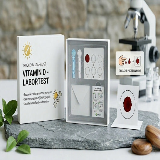 Professionelles Vitamin D3 Labortest Kit für die Trockenblutanalyse zu Hause mit Testkarte und Zubehör vor Mikroskop-Hintergrund vom Pk Zentrum natürlich gesund