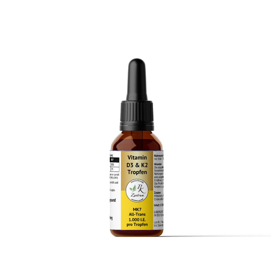 Vorderseite der Vitamin D3 & K2 Tropfen mit Pipette, MK7 All-Trans und dem Logo von PK Zentrum.