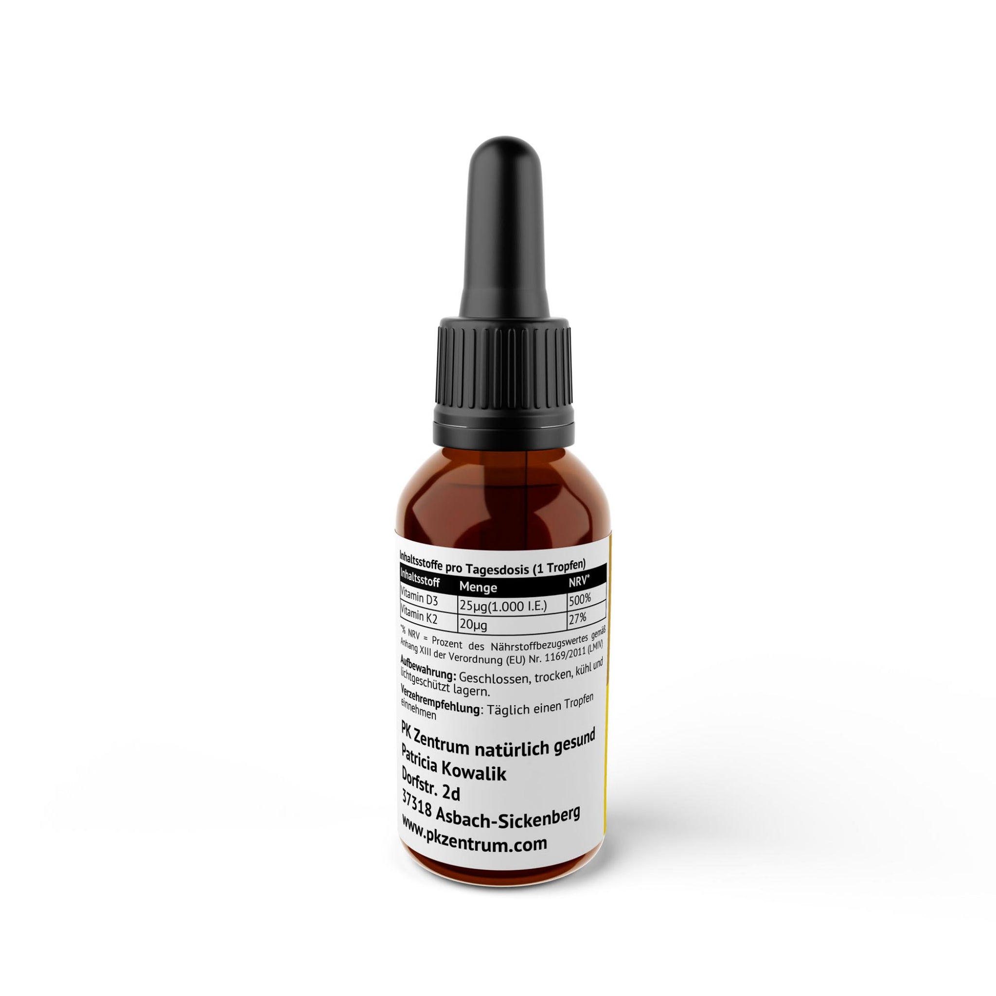 Tabelle der Inhaltsstoffe von Vitamin D3 und K2 Tropfen pro Tagesdosis mit NRV-Prozentangaben von PK Zentrum natürlich gesund.