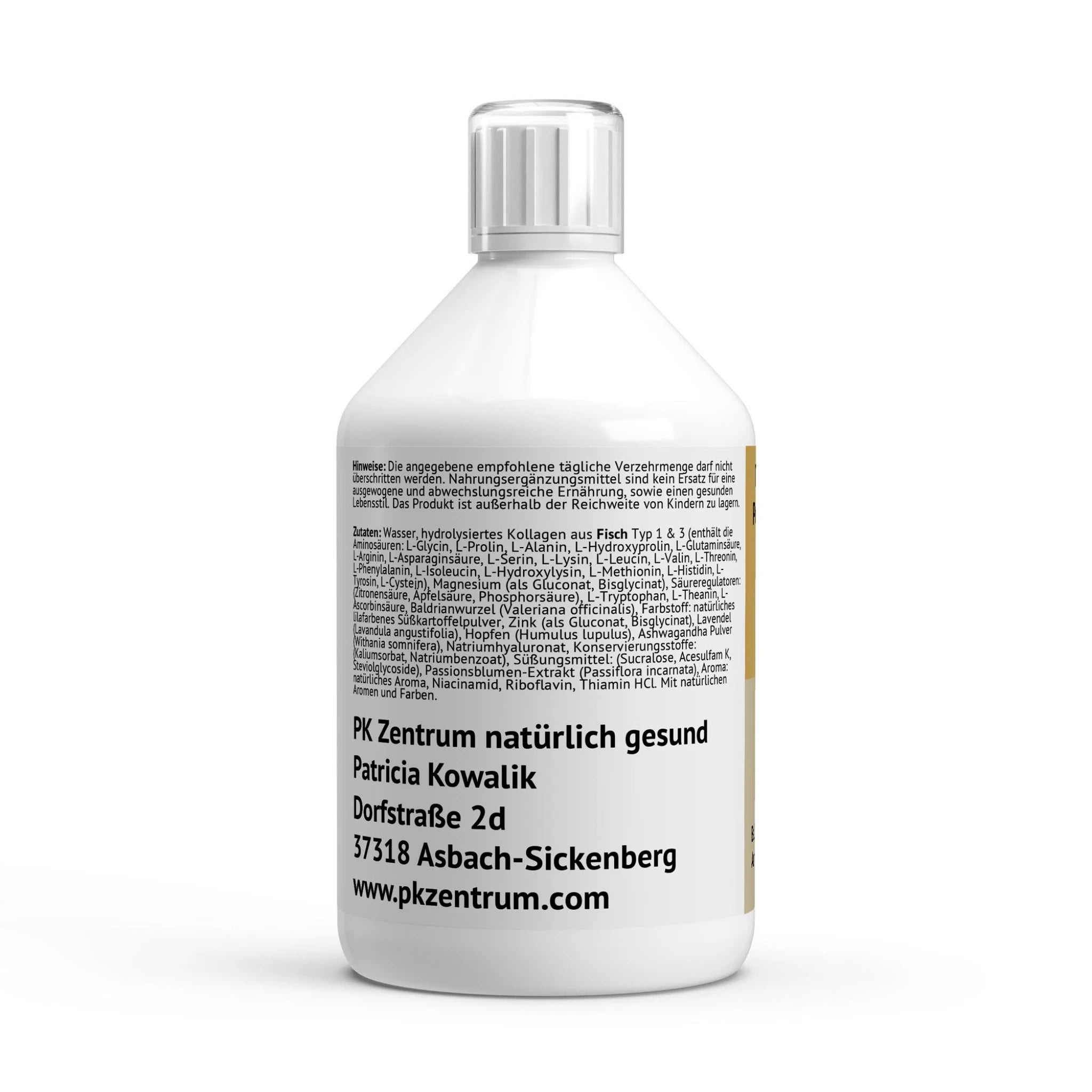 Detaillierte Zutatenliste des hydrolysierten Fischkollagens Typ 1 & 3 und Herstellerinformationen von PK Zentrum natürlich gesund.